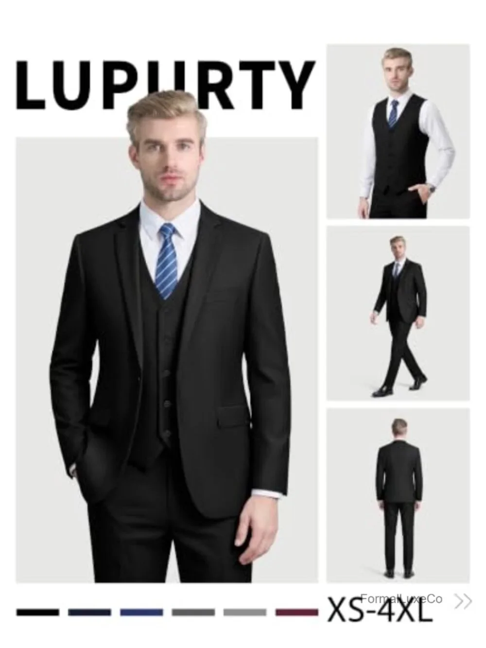 Men's 3 Piece Slim Fit Tuxedo Suit Set with Vest & Tie, Wedding Prom Business